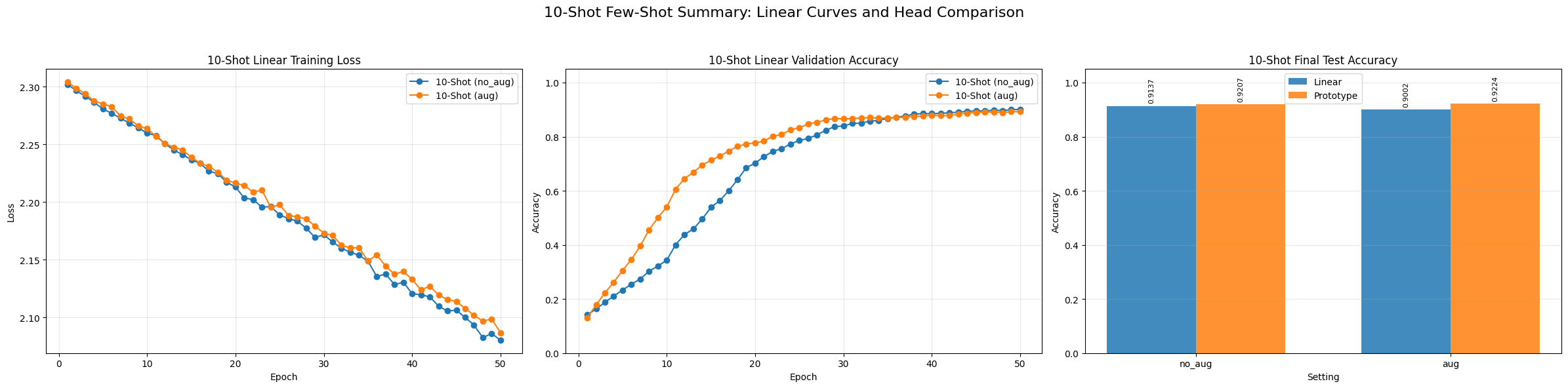 10-shot few-shot summary for ViT-B/16 including training loss, validation accuracy, and head comparison